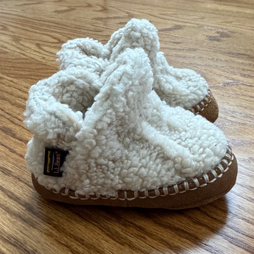 L.L. Bean Kids' Soft Cream and Brown Slippers